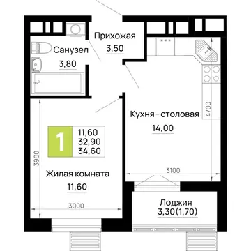 1-комнатная квартира: Тахтамукайский район, посёлок городского типа ...