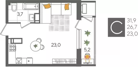 Студия Краснодарский край, Краснодар Новороссийская ул., 102И (31.9 м)