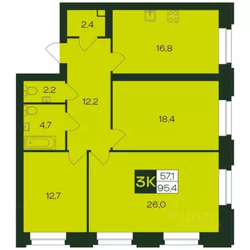 3-к кв. Чувашия, Чебоксары просп. Чебоксарский, 49к2 (95.4 м)
