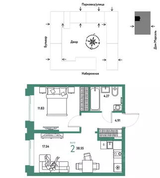 2-к кв. Тюменская область, Тюмень Береговая ул., 100к2 (38.55 м)