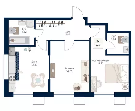 2-комнатная квартира: Мытищи, ЖК Бархат (56.4 м)
