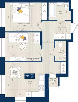 2-к кв. Татарстан, Казань Нова жилой комплекс (57.03 м)