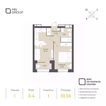 1-к кв. Ульяновская область, Ульяновск ул. Генерала Кашубы (33.56 м)