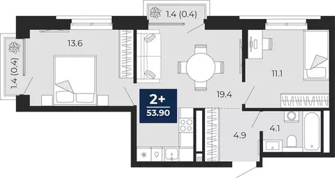2-комнатная квартира: Тюмень, проезд Капитана Куликова, 7 (55.9 м)