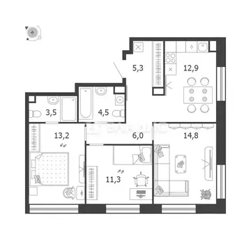 3-комнатная квартира: Москва, улица Петра Кончаловского, 5 (72 м)
