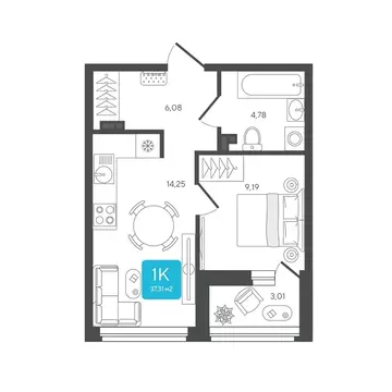 1-комнатная квартира: Дербыши, жилой комплекс Дабл-Дабл (37.31 м)