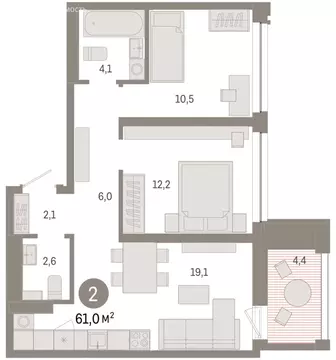 3-комнатная квартира: Тюмень, улица Муравленко, 9к1 (61.03 м)