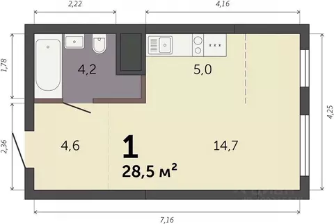 Студия Свердловская область, Екатеринбург Южный жилрайон,  (28.5 м)