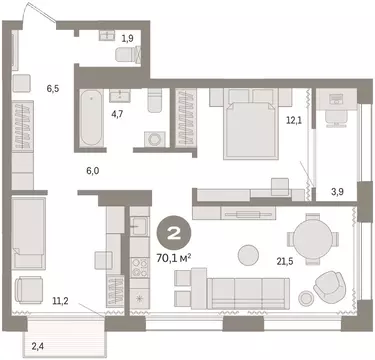 2-комнатная квартира: Тюмень, Краснооктябрьская улица, 4 (68.8 м)