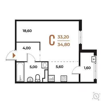 Студия Москва № 82 кв-л, Новое Летово жилой комплекс (34.8 м)