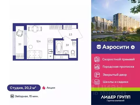 Студия Санкт-Петербург пос. Шушары, просп. Старорусский, 3к1 (20.2 м)