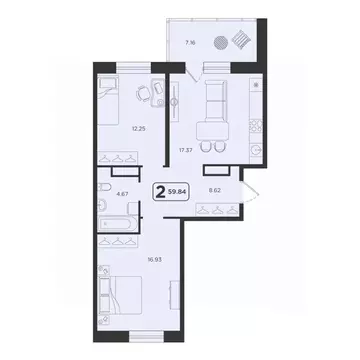 2-к кв. Тюменская область, Тюмень Горизонт жилой комплекс (59.84 м)