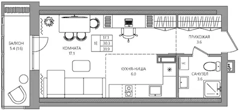 Студия Пермский край, Пермь Батумская ул., 21 (31.9 м)