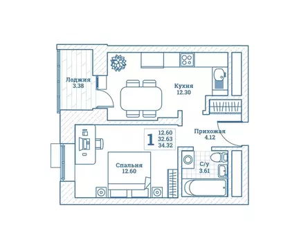 1-комнатная квартира: Монино, улица Генерала Ковачевича, 10к1 (34.6 м)