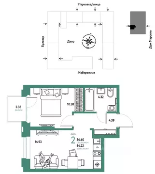 2-к кв. Тюменская область, Тюмень Береговая ул., 100к2 (36.6 м)
