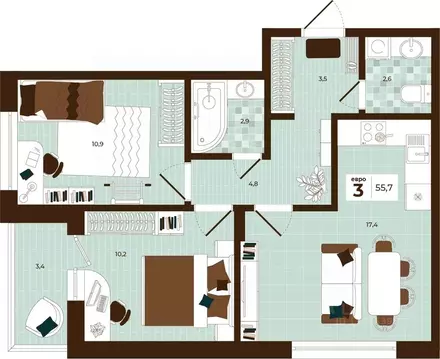 3-к кв. Тульская область, Тула ул. Академика Насоновой, 3 (55.7 м)