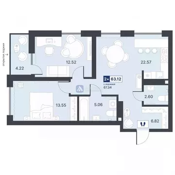 2-к кв. Тюменская область, Тюмень ДОК мкр, ул. Рылеева, 31 (63.12 м)