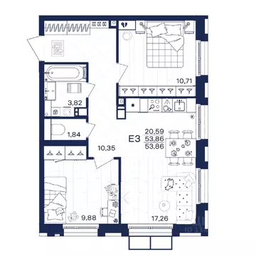 2-к кв. Тульская область, Тула Гармония жилой комплекс (53.86 м)