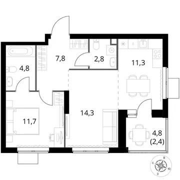 2-к кв. Москва 1-й Измайловский жилой комплекс, к1 (55.1 м)
