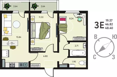 2-комнатная квартира: Курск, улица Энгельса, 115/6 (48.4 м)
