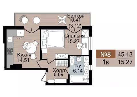 1-к кв. Калининградская область, Гурьевск  (45.13 м)