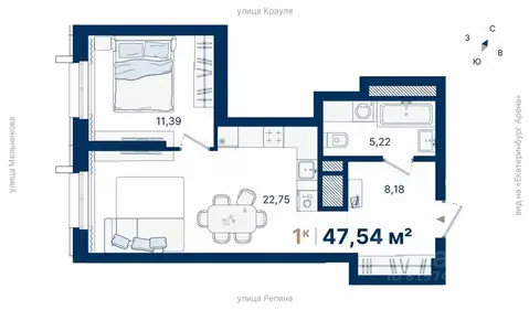 1-к кв. Свердловская область, Екатеринбург ул. Репина, 13Ш (47.54 м)