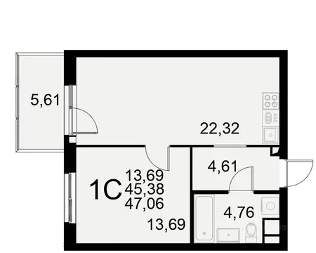 1-к кв. Тульская область, Тула Пушкинская ул., 2Г (45.38 м)