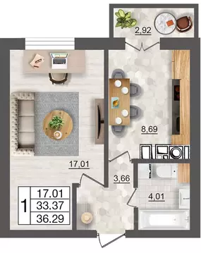 1-к кв. Смоленская область, Смоленск Максимум жилой комплекс (36.29 м)