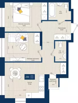 2-к кв. Татарстан, Казань Нова жилой комплекс (57.03 м)