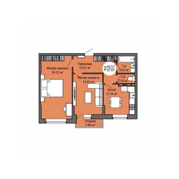 2-к кв. Орловская область, Орел Межквартальная ул., 3 (68.1 м)