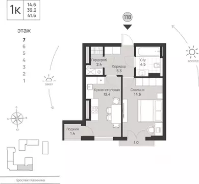 1-к кв. Калининградская область, Калининград просп. Калинина, 111 ...