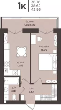 1-к кв. Калининградская область, Гурьевск  (38.62 м)