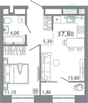 2-комнатная квартира: Казань, улица Родины, 31 (37.8 м)