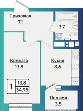 1-к кв. Удмуртия, Ижевск ул. 40 лет Победы, 121 (34.95 м)