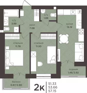 2-к кв. Калининградская область, Гурьевск  (53.66 м)
