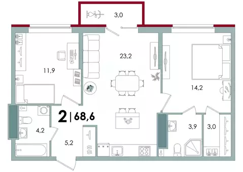 2-к кв. Тверская область, Тверь Южный жилой комплекс (68.6 м)