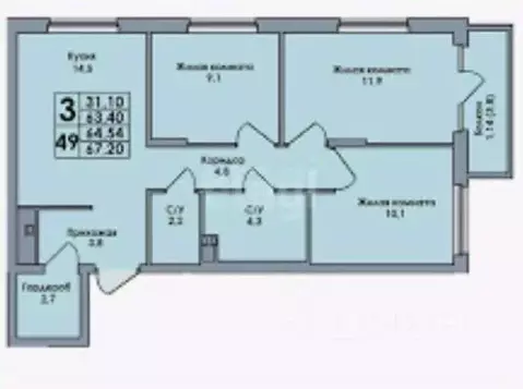 3-к кв. Пермский край, Пермь ул. Восстания, 8 (67.0 м)