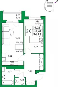 1-к кв. Башкортостан, Уфа Комсомольская ул., 8 (53.41 м)