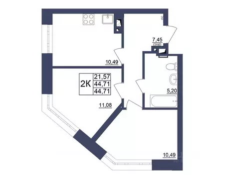 2-к кв. Башкортостан, Уфа Космос жилой комплекс, лит1 (44.71 м)