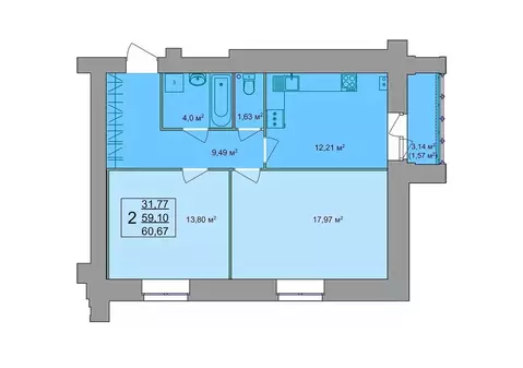 2-к кв. Костромская область, Кострома Привокзальная ул., 12 (61.5 м)