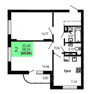 2-к кв. Воронежская область, Воронеж Оникс жилой комплекс (60.06 м)