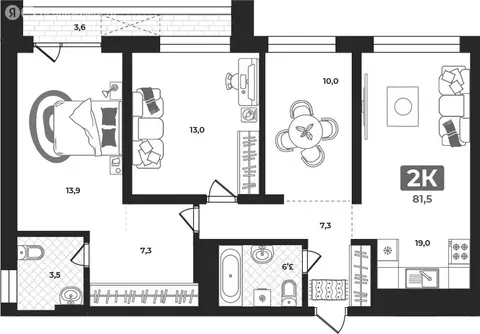 2-комнатная квартира: Тюмень, улица Разведчика Кузнецова, 16 (77.7 м)