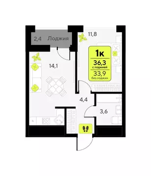 1-комнатная квартира: Тюмень, улица Андрея Приказнова, 7 (36.3 м)