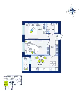 2-комнатная квартира: Калининградская область, Зеленоградск (51.59 м)