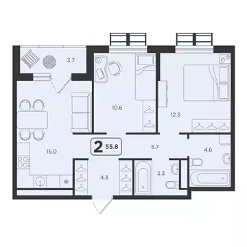 2-к кв. Тюменская область, Тюмень  (55.8 м)