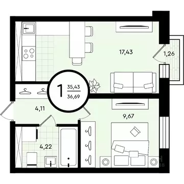 1-к кв. Тюменская область, Тюмень ул. Александра Звягина, 2 (36.69 м)
