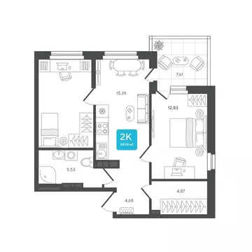2-комнатная квартира: Дербыши, жилой комплекс Дабл-Дабл (64.14 м)