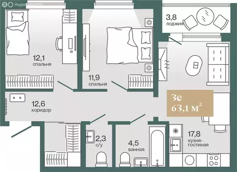 2-комнатная квартира: Тюмень, улица Игоря Комиссарова, 21 (63.18 м)