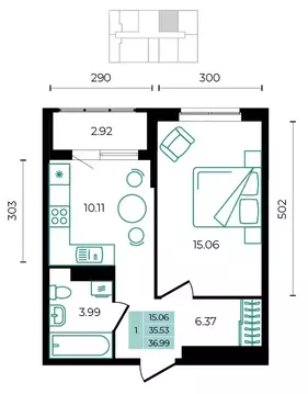 1-комнатная квартира: Майкопский район, посёлок Тульский (36.99 м)