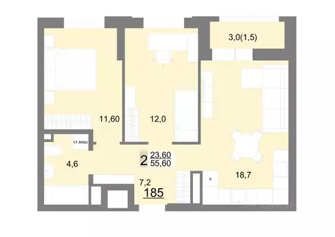 2-к кв. Свердловская область, Екатеринбург ул. Металлургов, 63/3 (55.6 ...